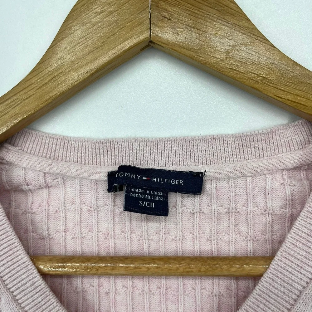 Tommy Hilfiger Womens V-Neck Cable Knit Pink Cotton Blend Sweater Small